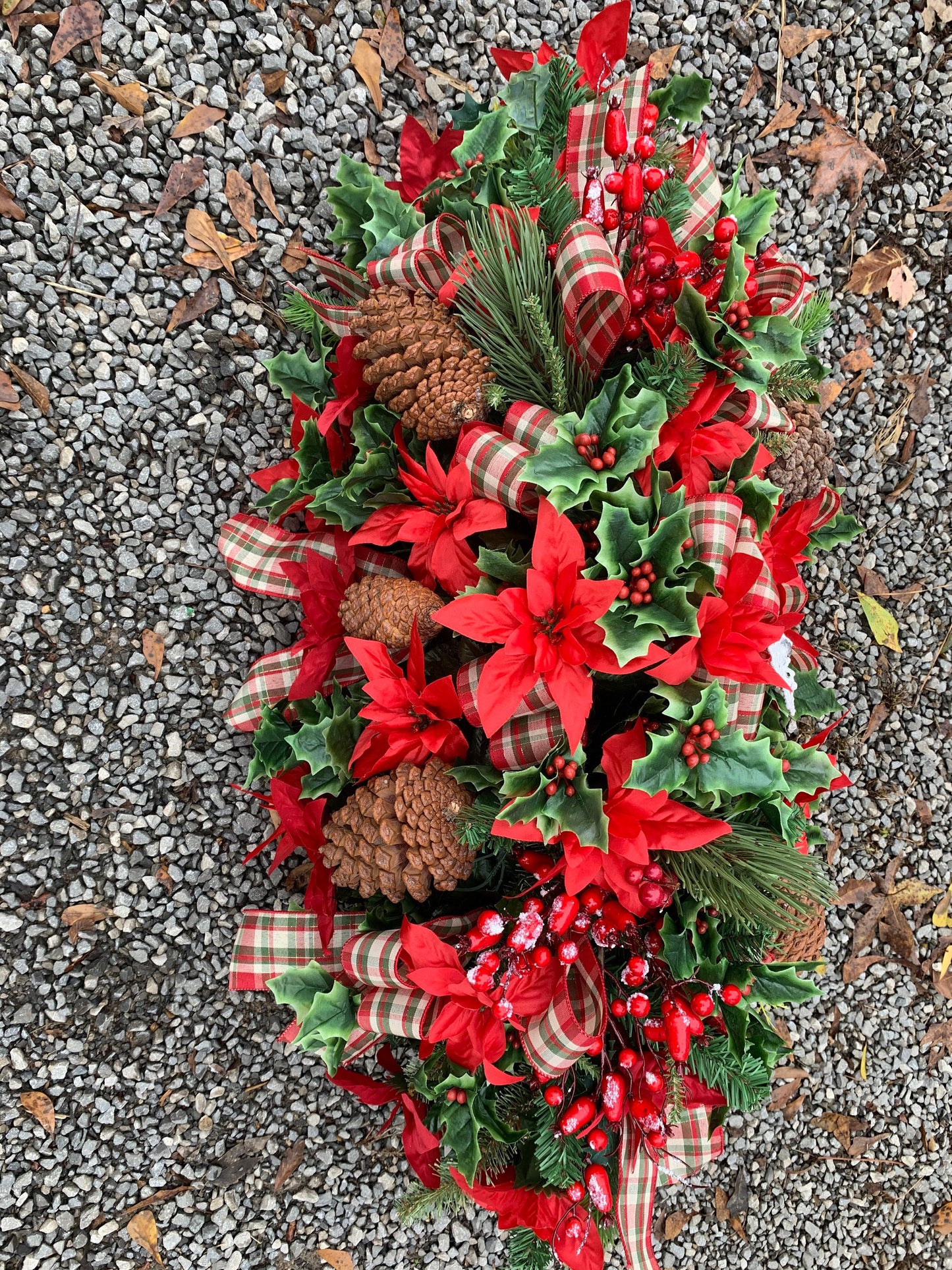 Extra Full and Extra large Christmas Saddle • Extra Full Christmas Headstone Flowers CROSS Plaid Ribbon Poinsettia Christmas Ribbon Christ