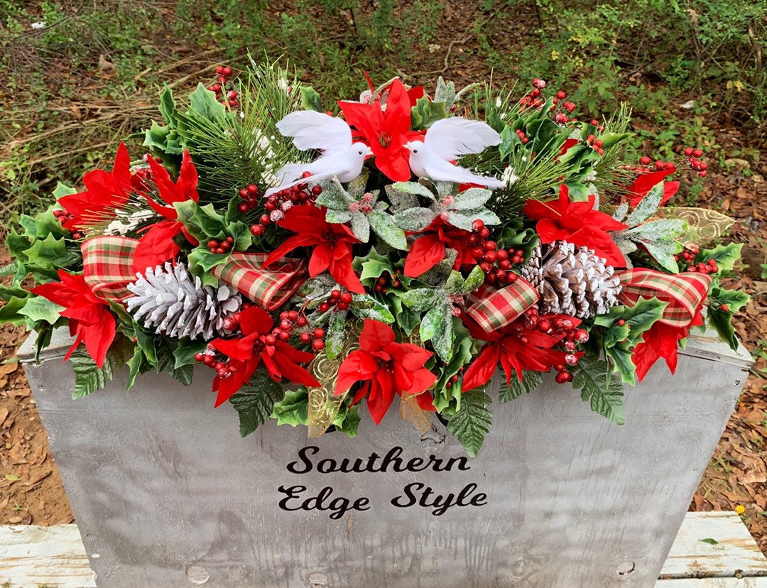 Christmas 3 Piece Set • Premium Headstone Decor Set •Large Saddle ( 36 inches long) with 2 Side Vase Arrangements • Christmas Flowers