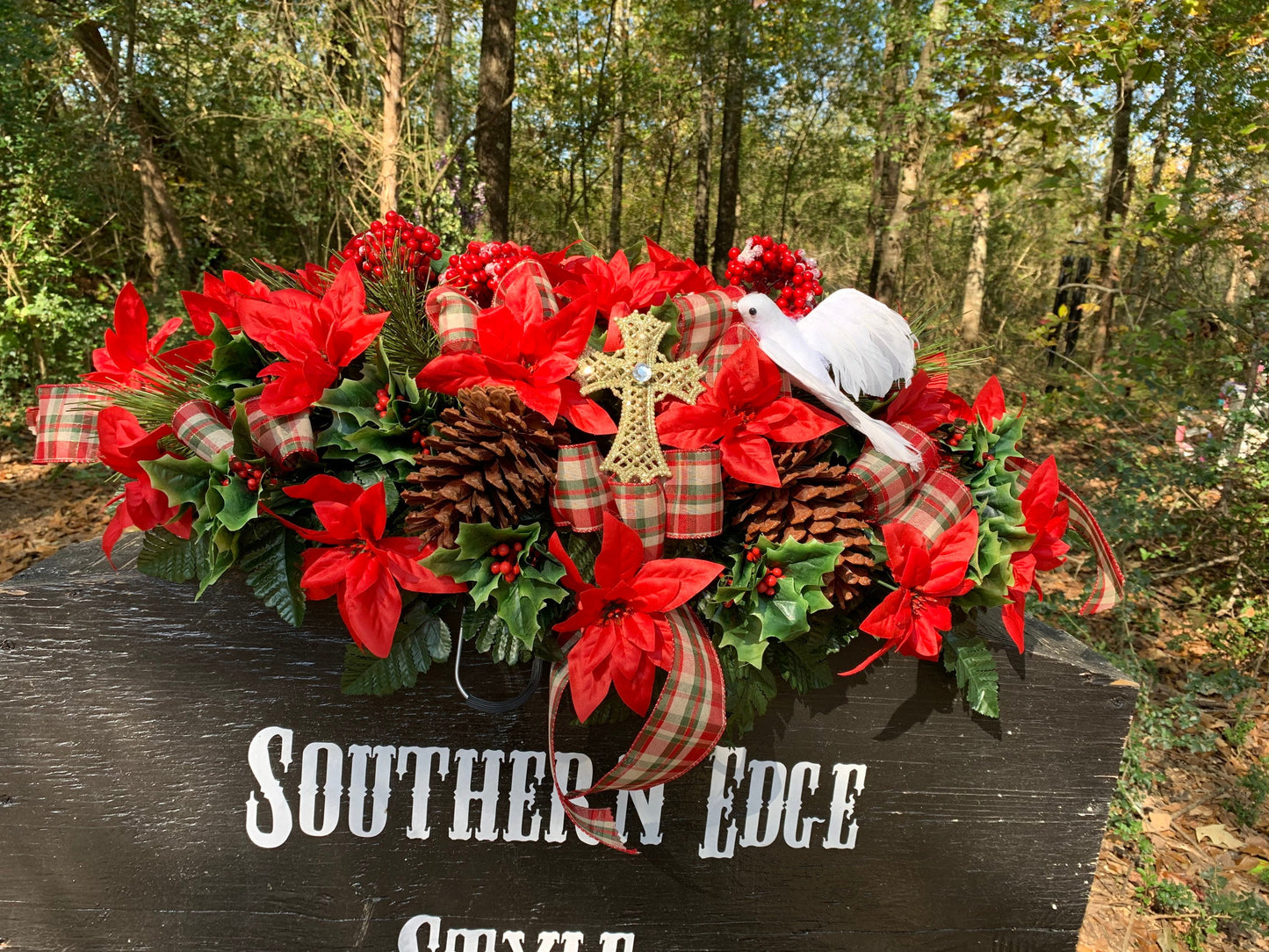 Large Christmas Saddle • Christmas Headstone Flowers Plaid Winter Cemetery Flowers Christmas Decoration Grave saddle flowers headstone