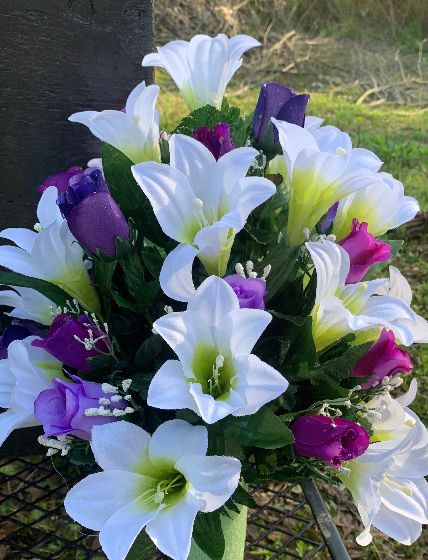 Easter Lily Cemetery Vase Flowers for 3” width Vase , Purple roses ,Easter Cemetery Flowers