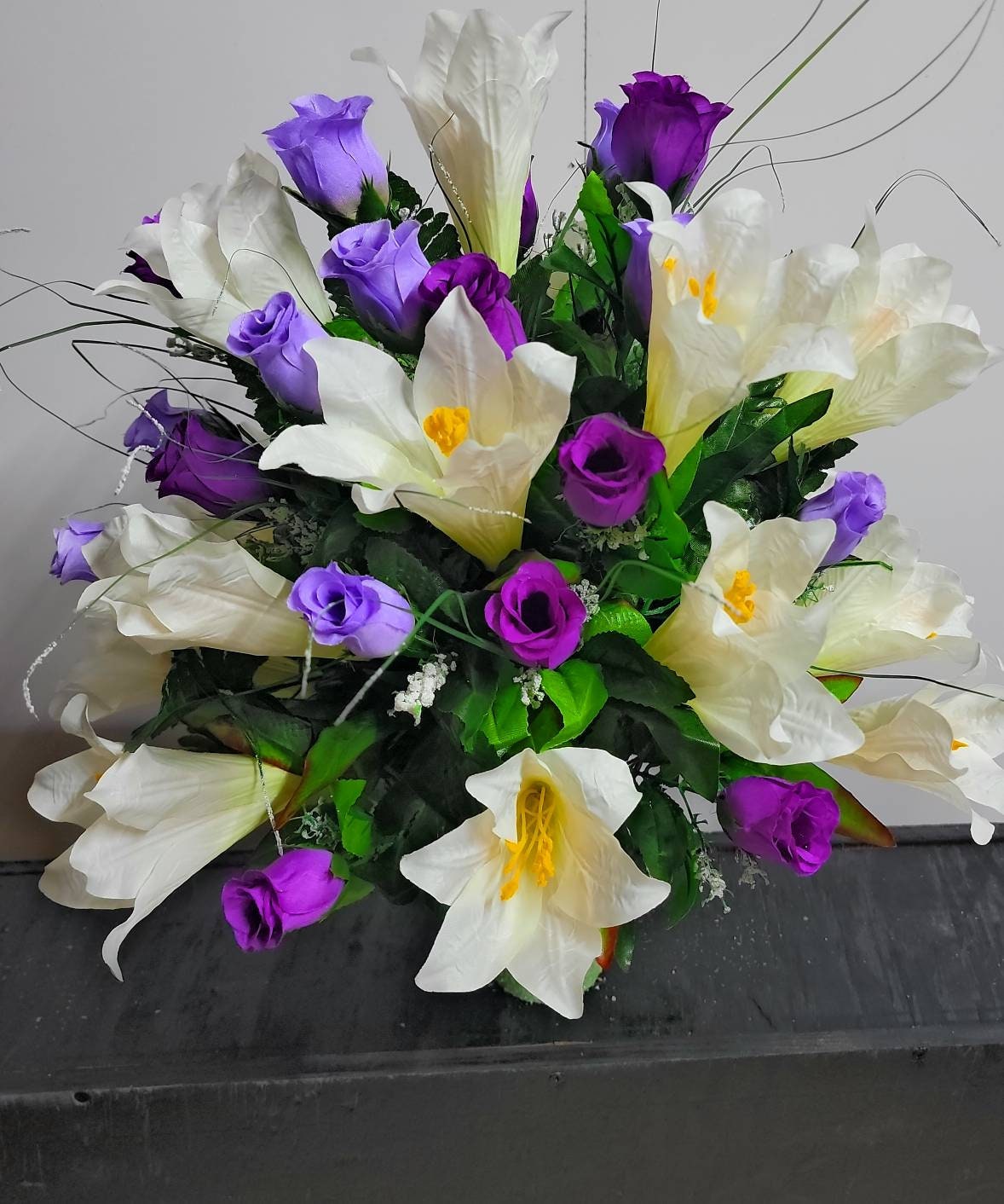 Spring Cemetery Vase Flowers Easter Lilies with Purple Roses for 3” width Vase Cemetery Flowers