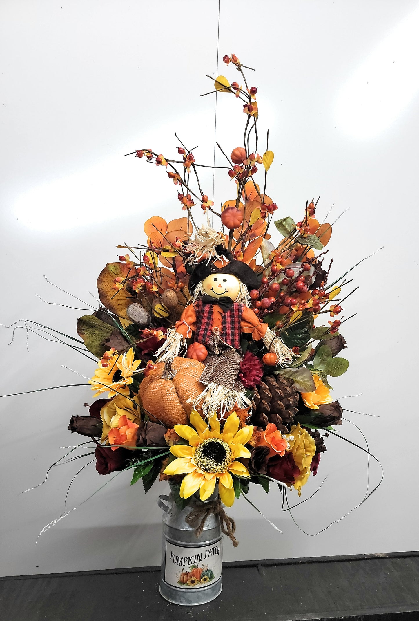 Autumn Cemetery Flowers for Vase, Boy Scarecrow , Leaves , Red and Orange Sunflowers , Flowers for Dad or Son , Fall Flowers