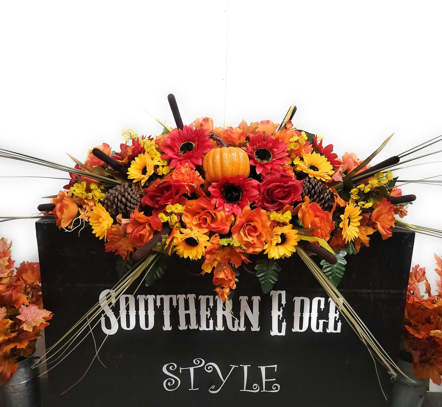 3 Piece Set • Premium Headstone Decor Set •Large Saddle ( 36 inches long) with 2 Side Vase Arrangements •pinecones , Sunflowers