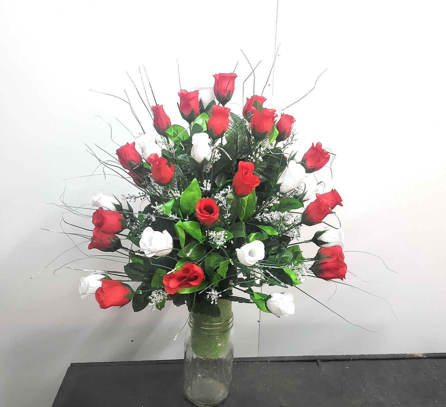 Rose Cemetery Vase Flowers • Red White Roses Valentines Mothers Day Memorial Flowers