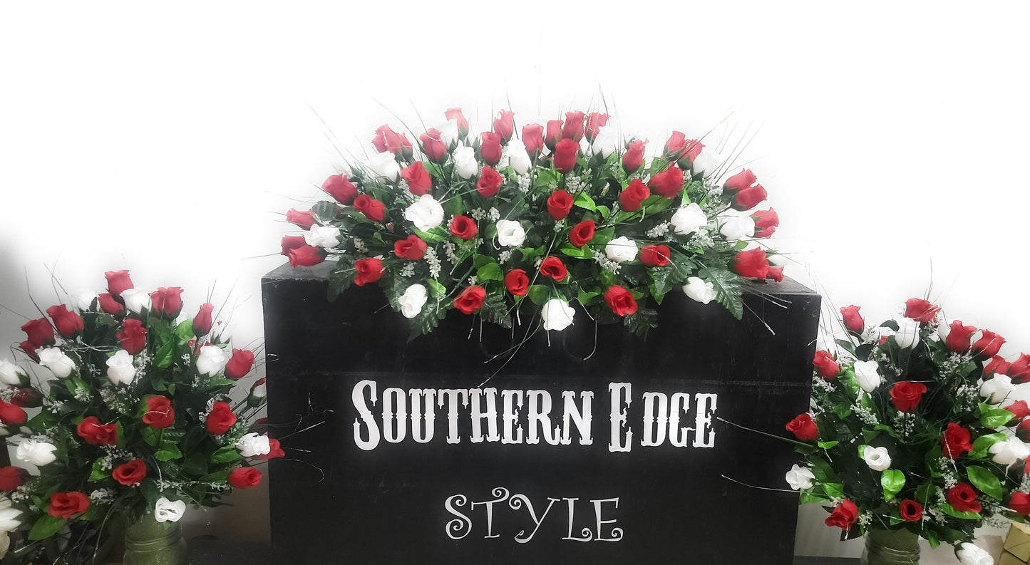 3 Piece Matching Set for Large Headstone Red White roses Cemetery Flowers Large Saddle Matching vases Father Day Mother Day Funeral flowers