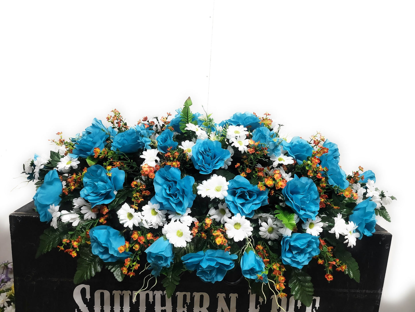 Top Quality Cemetery Flowers Saddle Extra Large 36" Headstone Saddle Flowers Teal White Orange Casket Spray Grave Blanket Spring Cemetery