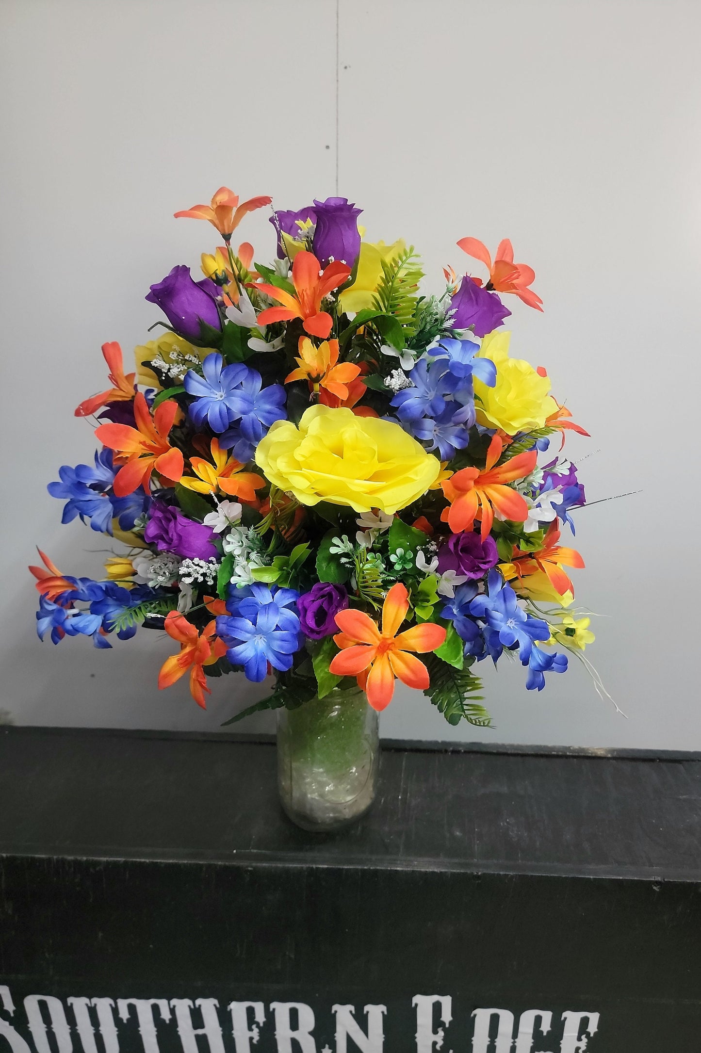 Sunburst Cemetery Flowers Cone for 3-inch Grave Vase extra full blue yellow orange purple Cemetery Vase Flower Spring Cemetery Flowers