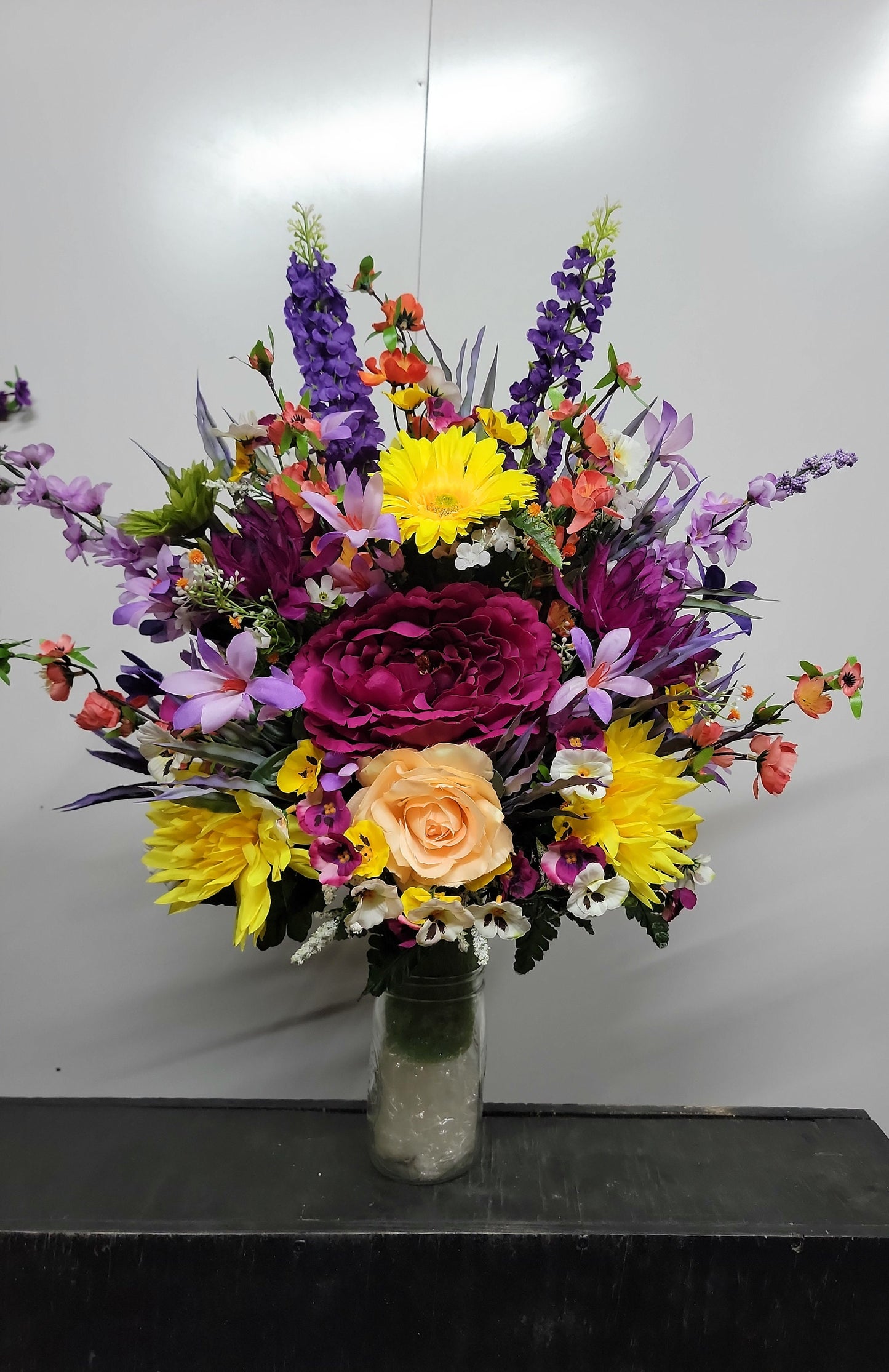 26" Extra Large Bright Yellow Plum Purple Cemetery Vase Flowers Top Quality Cemetery Flowers by Southern Edge Style Cemetery Flowers Vase