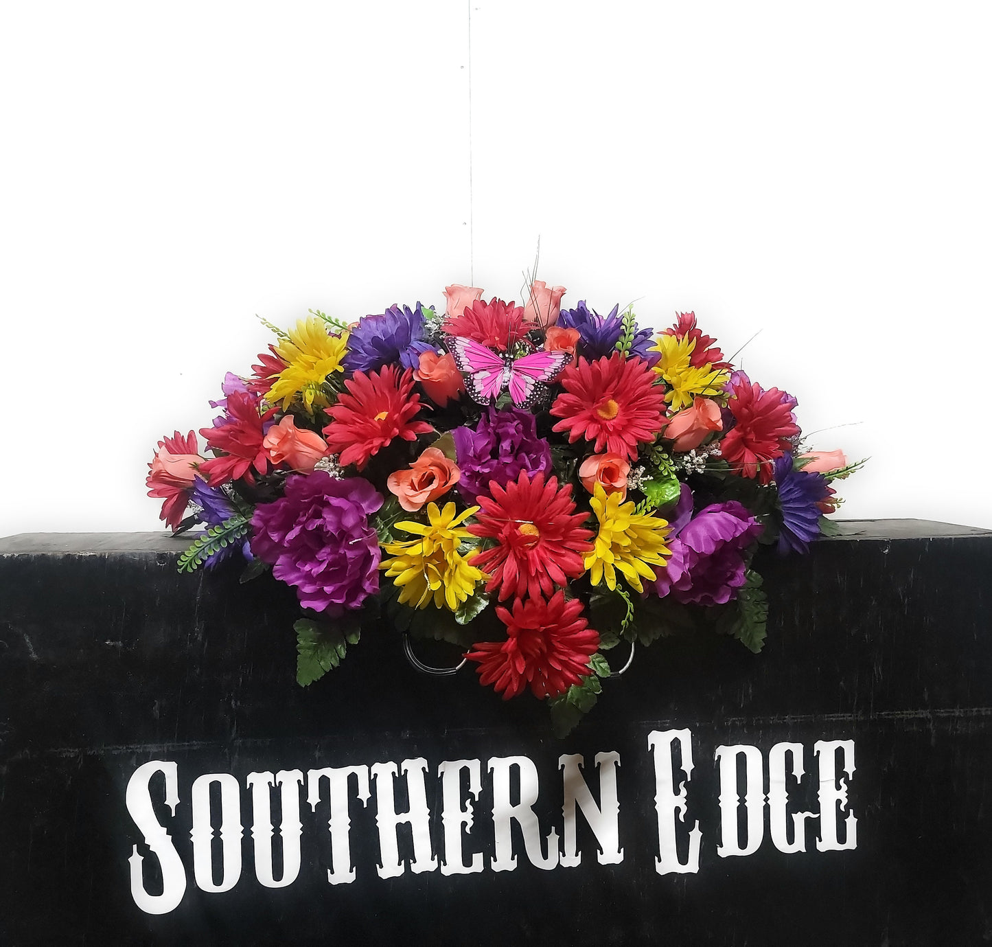 Cemetery Flowers 25" Small Cemetery Saddle for a single stone purple peonies and Yellow daisies pink butterfly colorful fall cemetery saddle