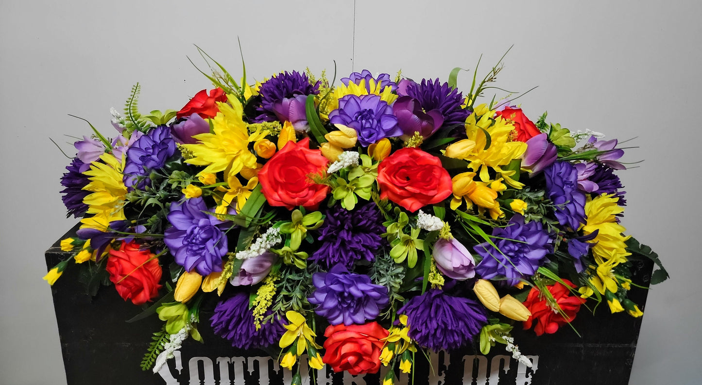 Premium 36" Cemetery Saddle Gravestone Flowers Bright Beauty Roses Purple Mums Headstone Cemetery Saddle Extra Large Headstone Saddle