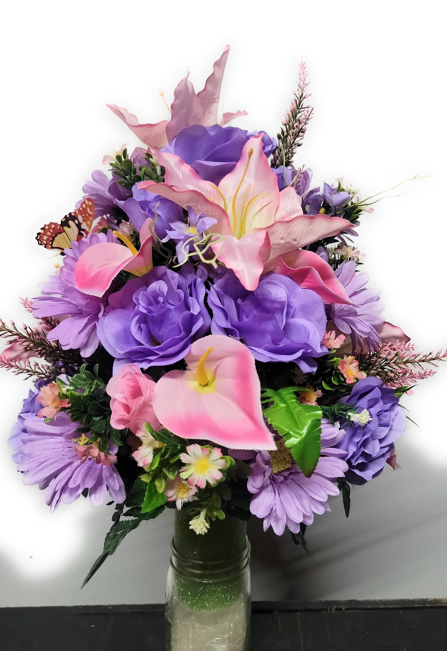 Cemetery Flowers Vase lavender Roses pink lilies, Memorial Vase, Grave Vase, Cone Flowers Mother or Daughter cemetery