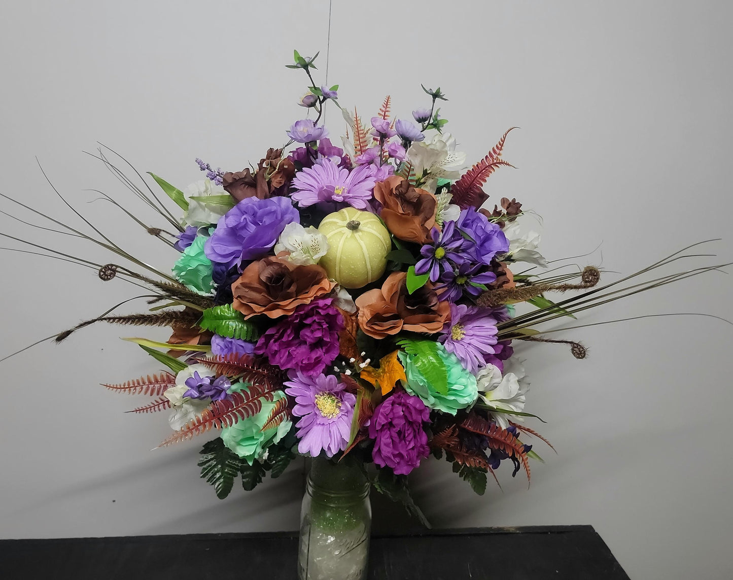 Deluxe Autumn Cemetery Vase Arrangement, Ready to Ship, Fall Cemetery Flowers , Lavender, Mint Green