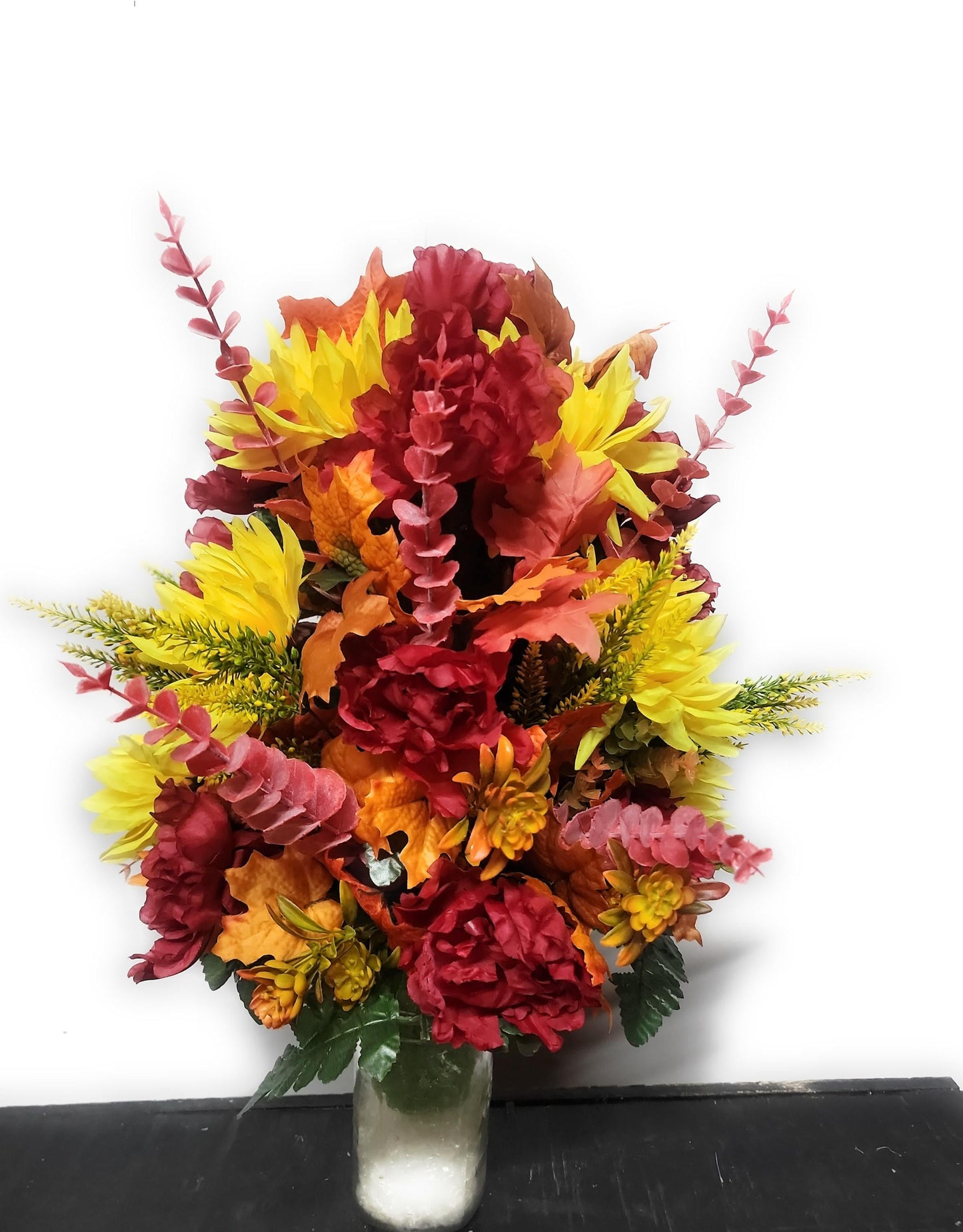 Cemetery Vase Flowers , Grave Vase Flowers, Red and Yellow Fall , Grave Vase Flowers