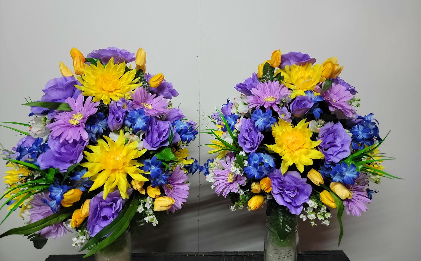 Sunset Cemetery Flowers Cone for 3-inch Grave Vase Full and Large Arrangement yellow blue lavender Cemetery Vase Flowers