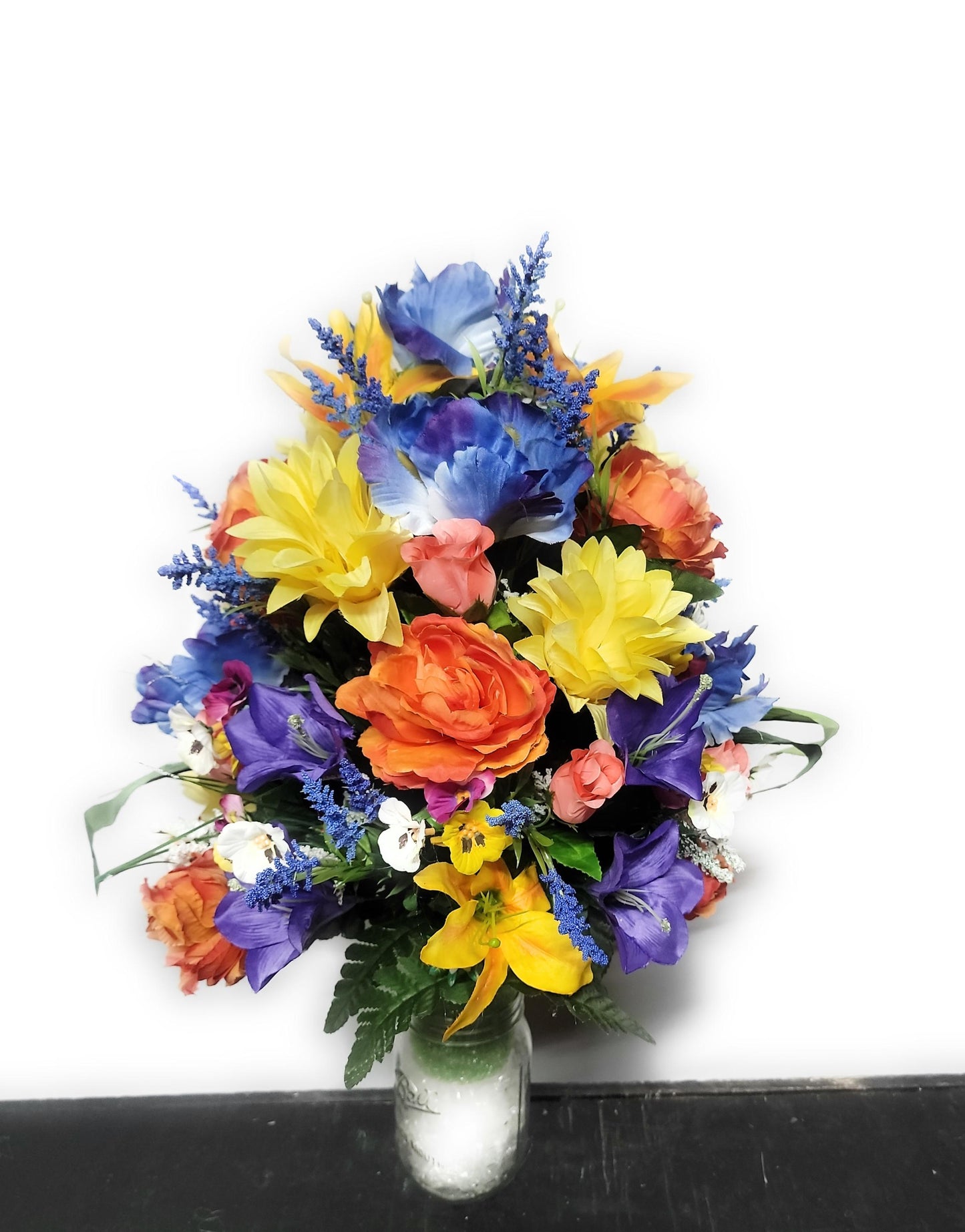 Tropical Cemetery Flowers Cone for 3-inch Grave Vase Full and Large Arrangement yellow blue orange Cemetery Vase Flowers