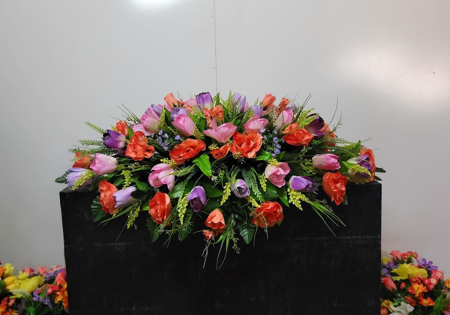 Premium 37" Spring Cemetery Saddle Gravestone Flowers Coral Roses and Tulips Large Headstone Saddle Flowers