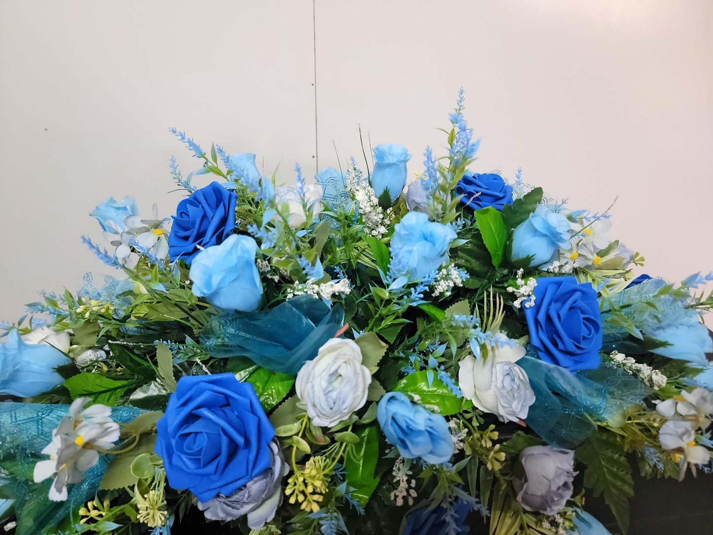 Blue rose Cemetery Saddle, sons Headstone Flowers Grave Saddle Father Memorial Flowers for Grave