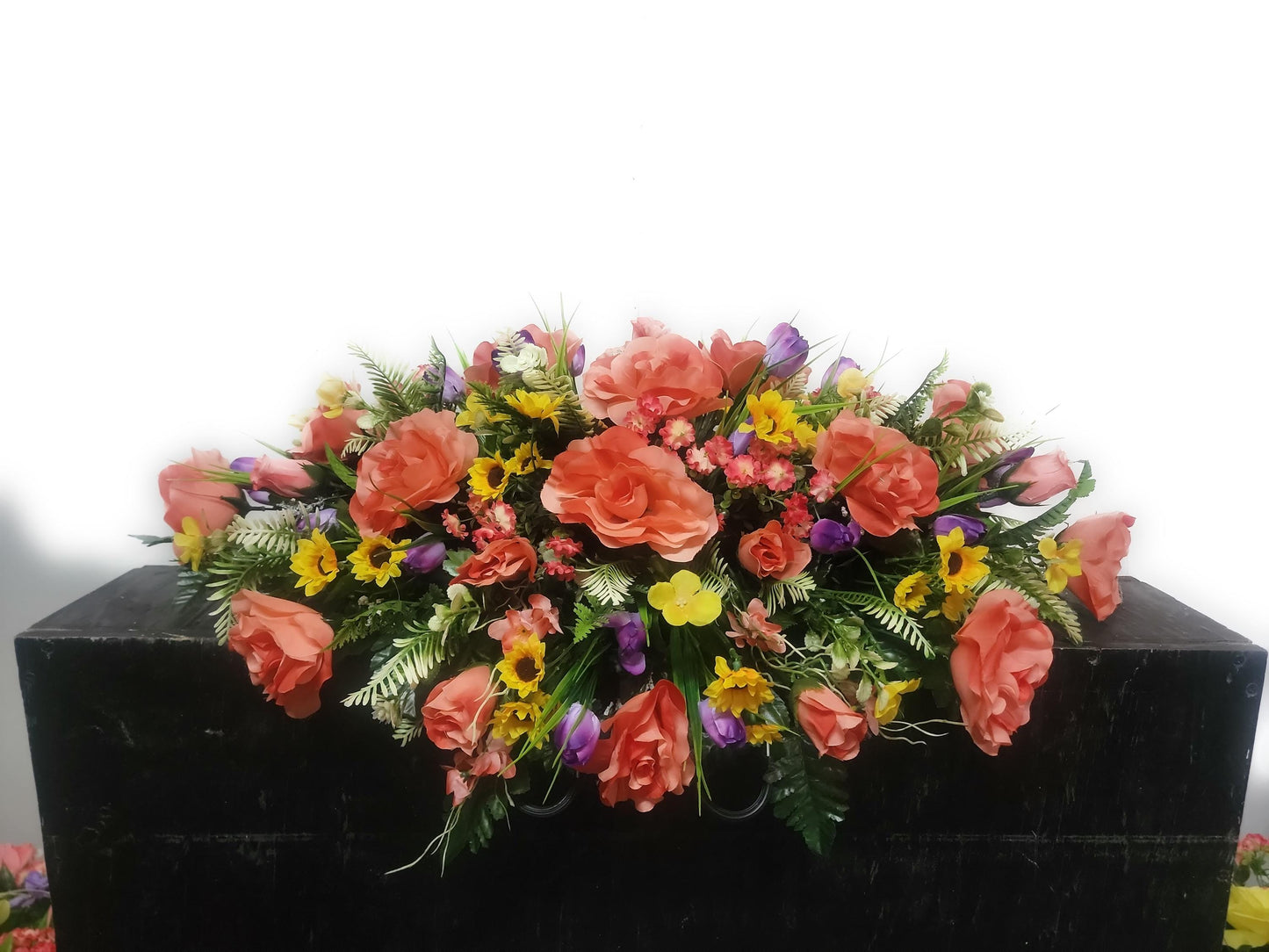 Spring Cemetery Saddle , Coral Roses, Mini sunflowers, Spring Flowers for Headstone, Grave Saddle Easter Flowers