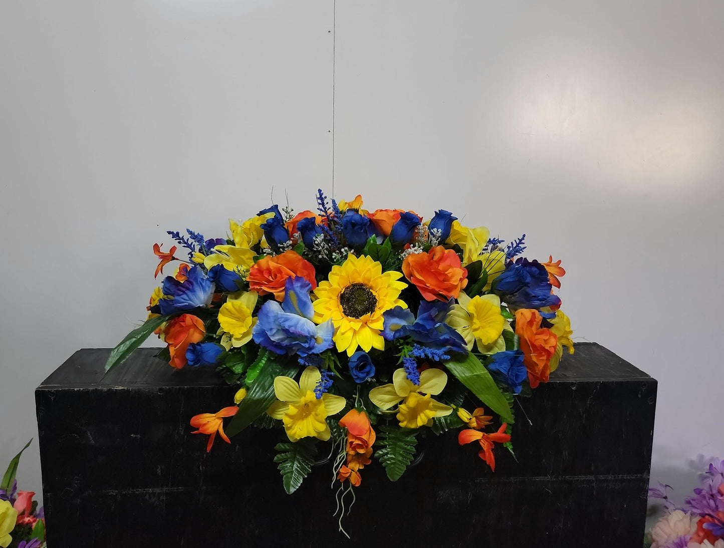 Blue Iris Daffodils Cemetery Saddle, You are my sunshine, Headstone topper, Cemetery Flowers Saddle, Spring Cemetery Flowers