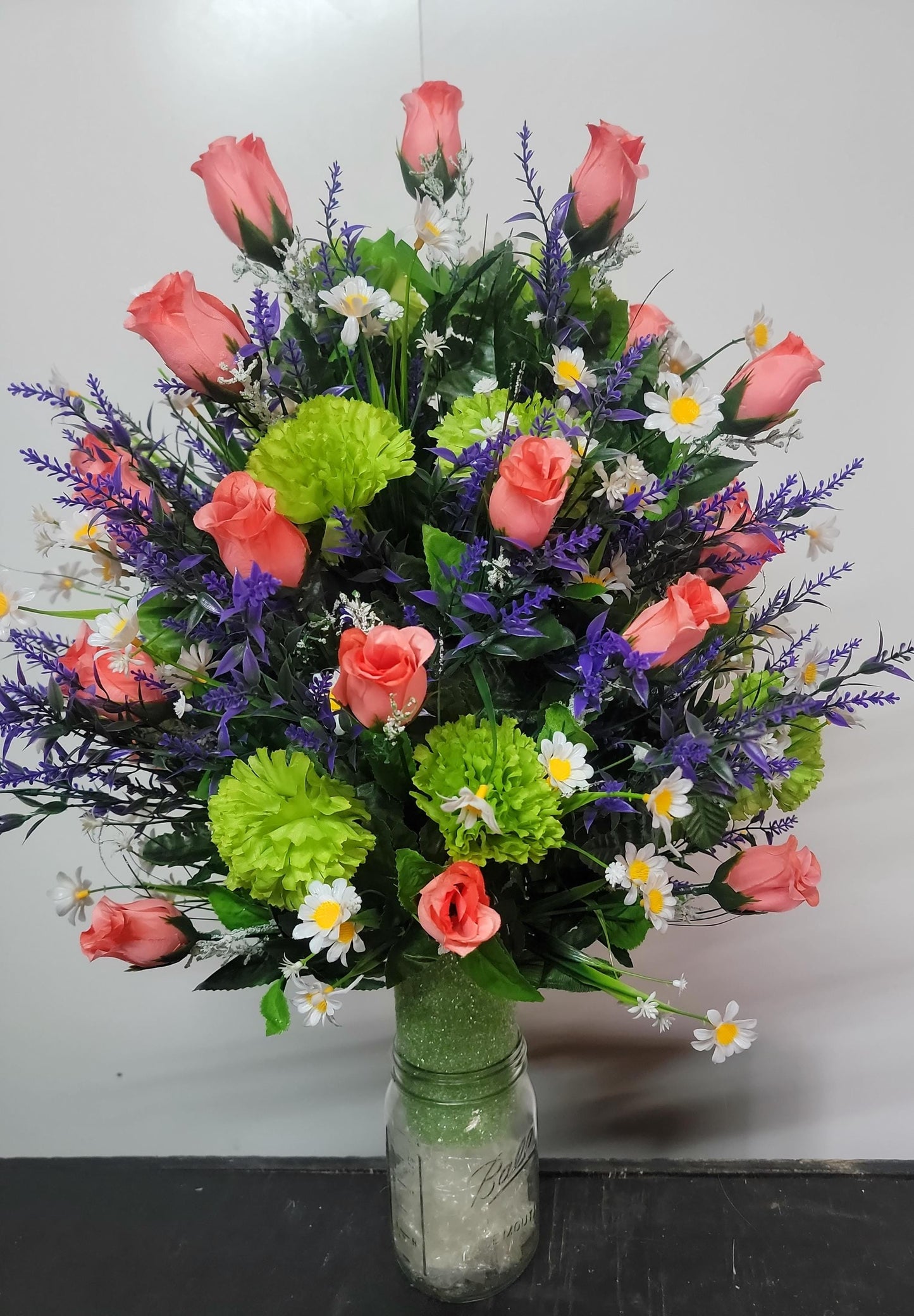 XL Coral Rose Cemetery Vase Flowers Grave Vase Flowers Cemetery flowers spring Easter flowers Green, Coral, Purple Spring Flowers