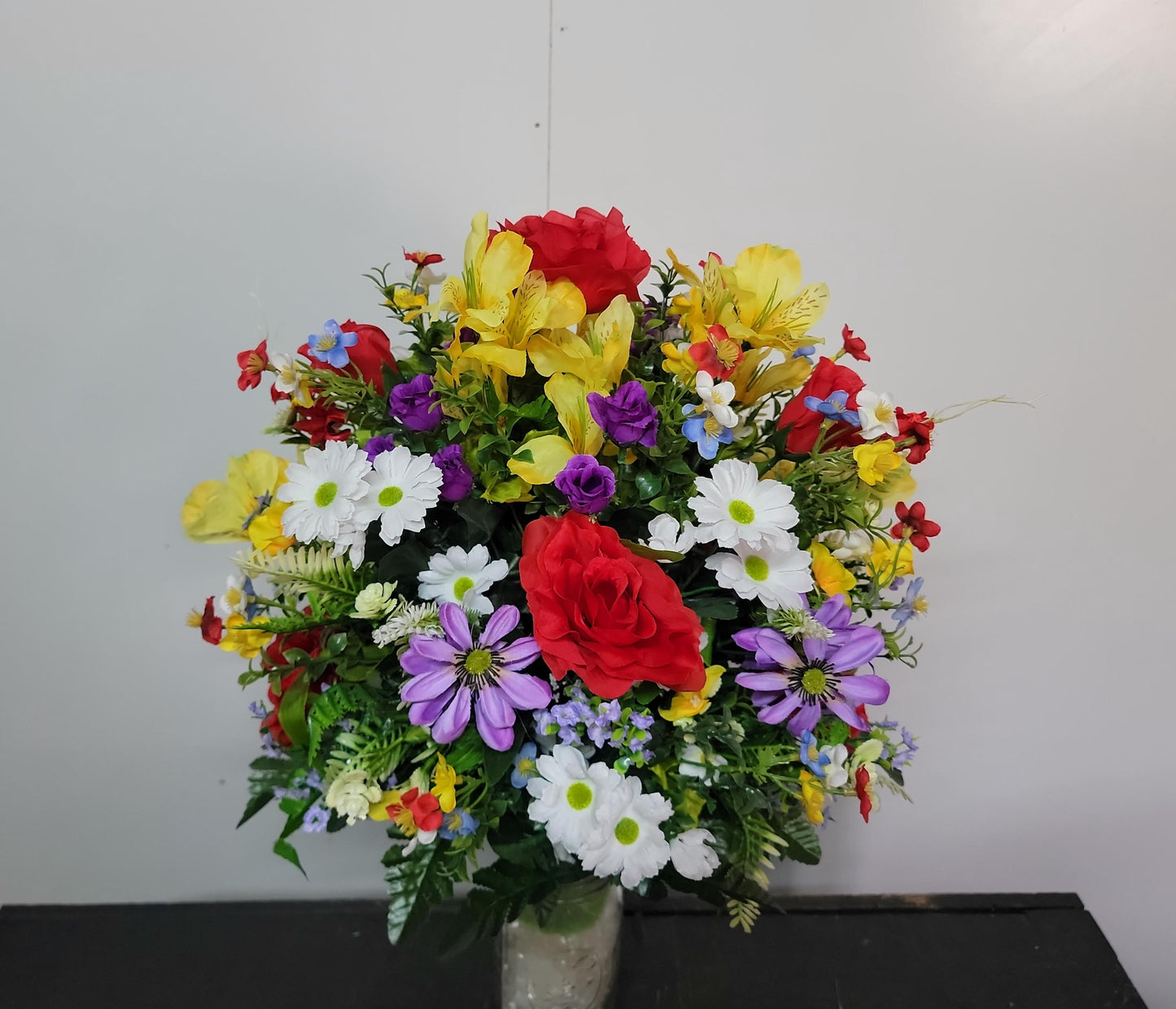 Spring Cemetery Flowers Cone for 3-inch Grave Vase, Red Roses with Spring wildflowers Cemetery Vase Flower, Easter Cemetery Vase Flowers