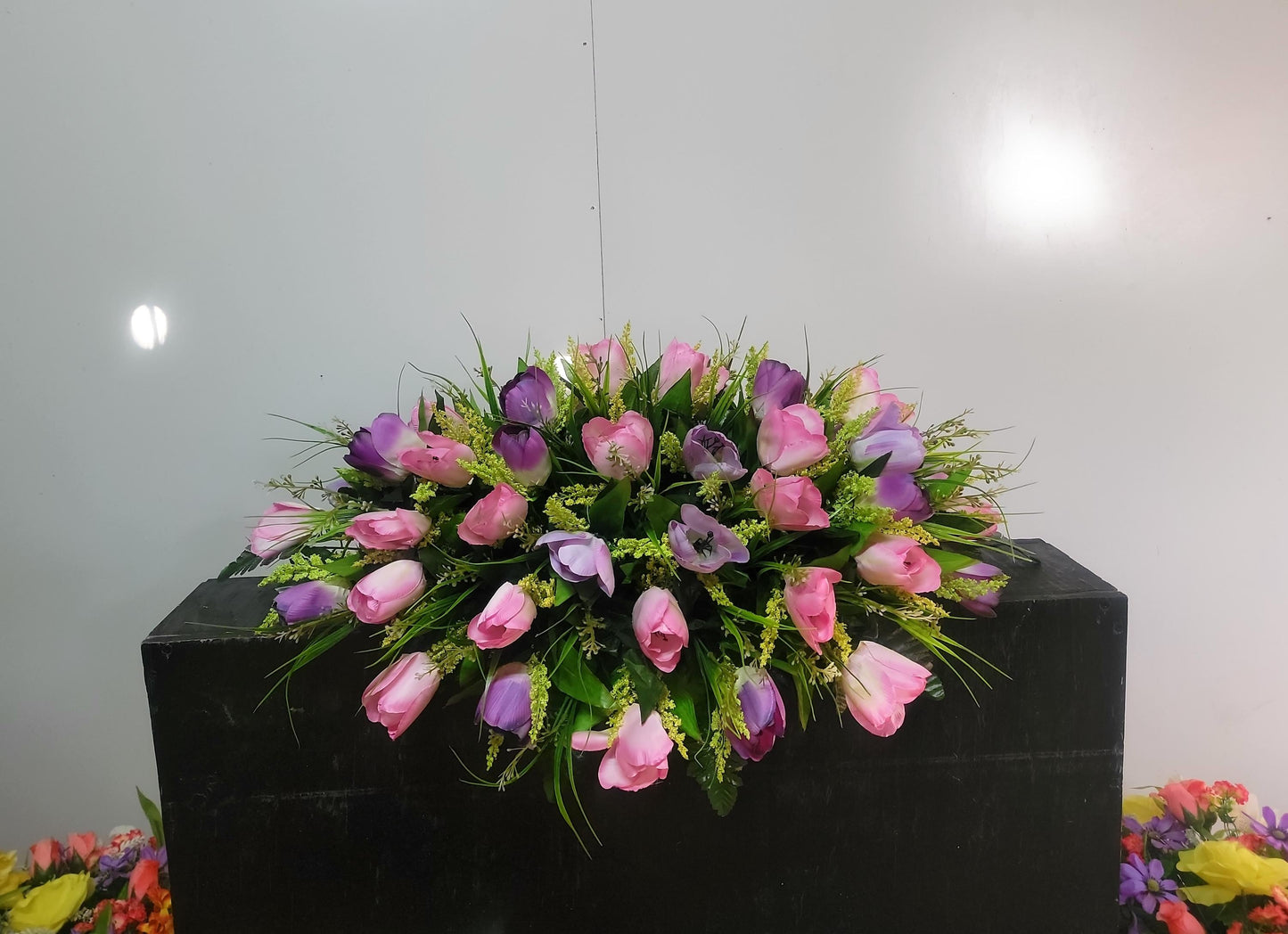 Spring Tulip Headstone Saddle, Easter Cemetery Flowers, 28" Cemetery Saddle , Memorial Flowers