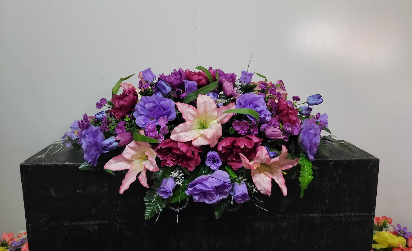 Spring Flowers for Cemetery , Grave Saddle, pink lilies lavender roses tulips Cemetery Saddle, Mother Grave Flowers