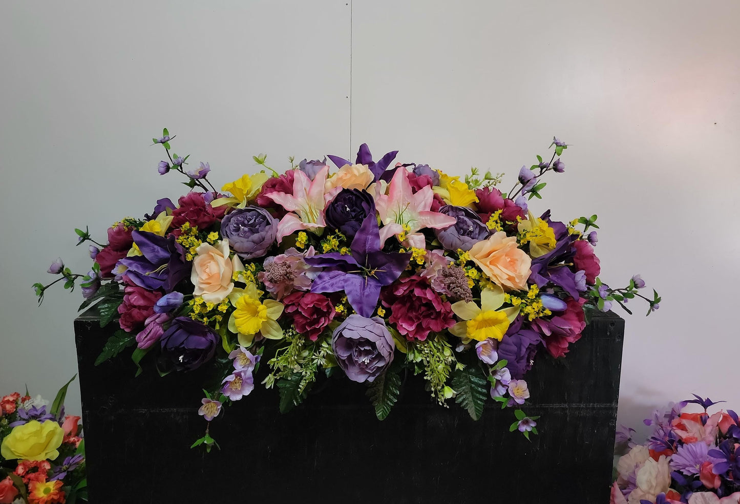 Large Headstone Saddle, Spring Grave Saddle, Cemetery Flowers Purple lavender Peach Memorial Grave Blanket