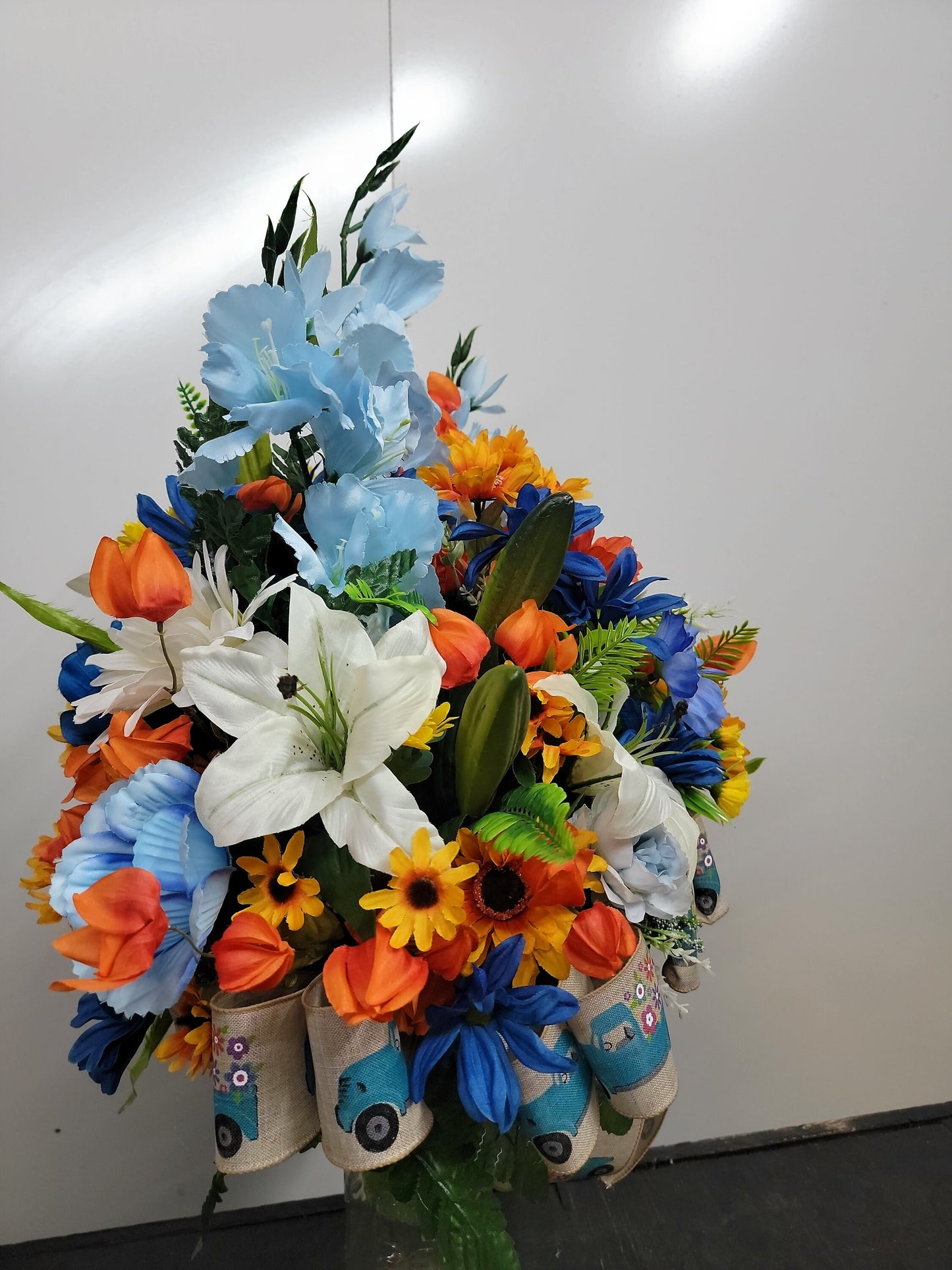 Large Cemetery Vase Flowers Blue, orange yellowSpring Memorial Flowers by Southern Edge Style Cemetery Faux Flowers