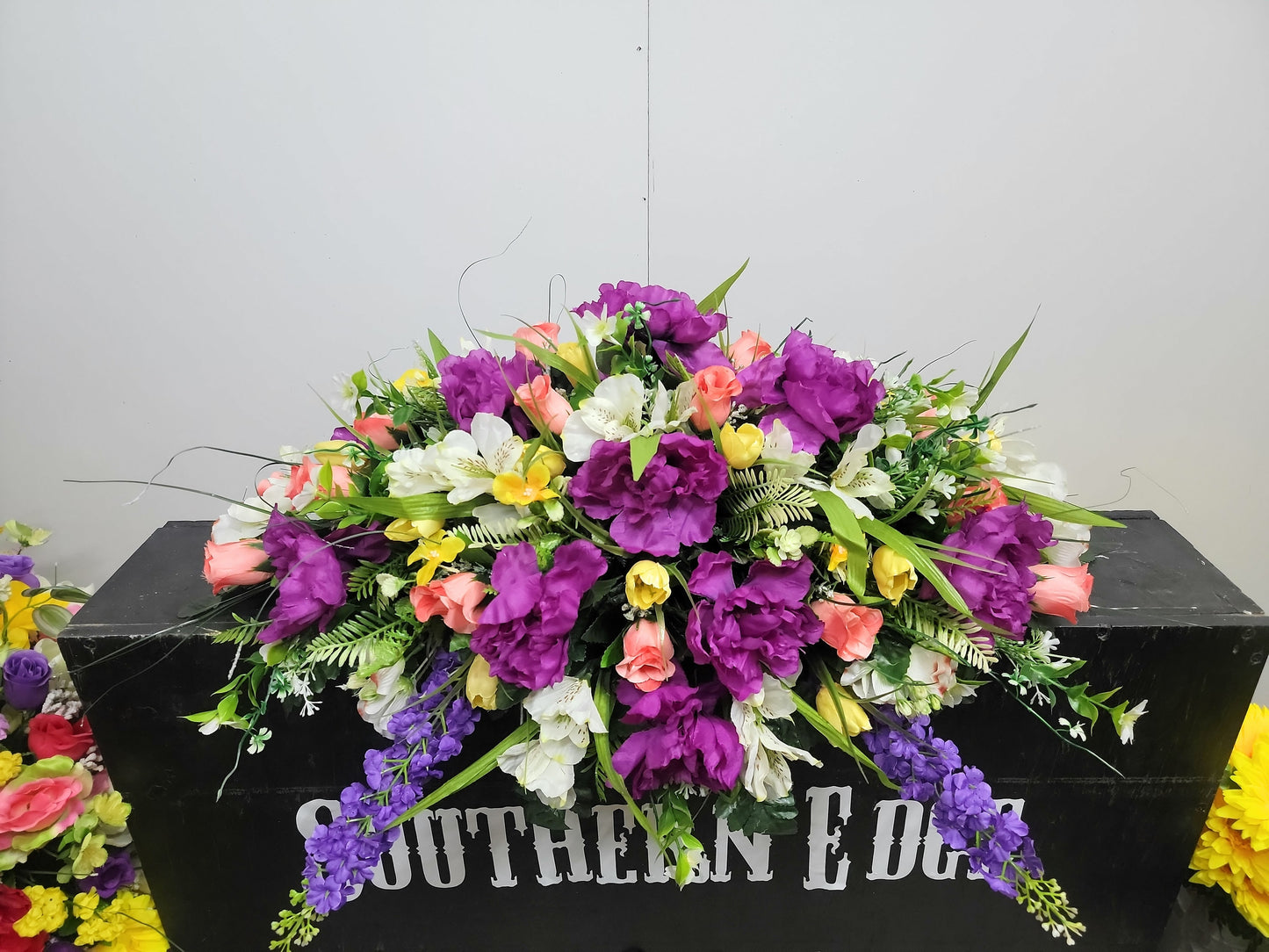 Spring Wildflower Headstone Saddle 28" Cemetery Saddle Yellow mini tulips purple peonies dogwood Saddle or grave pillow Memorial Flower