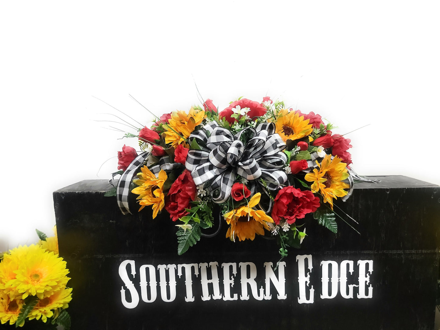 Cemetery Flowers 24" Small Cemetery Saddle for a single stone Red peonies and Yellow Sunflowers