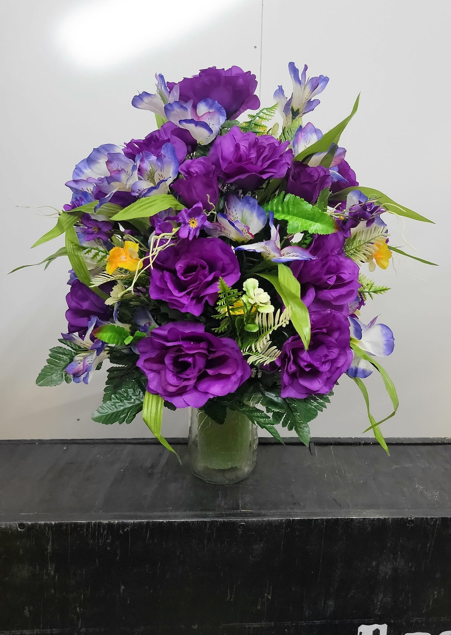 Cemetery Flowers Vase Memorial Vase Flowers Purple Roses yellow wildflowers Vase Flowers for Grave Marker 3-inch wide Vase Flowers