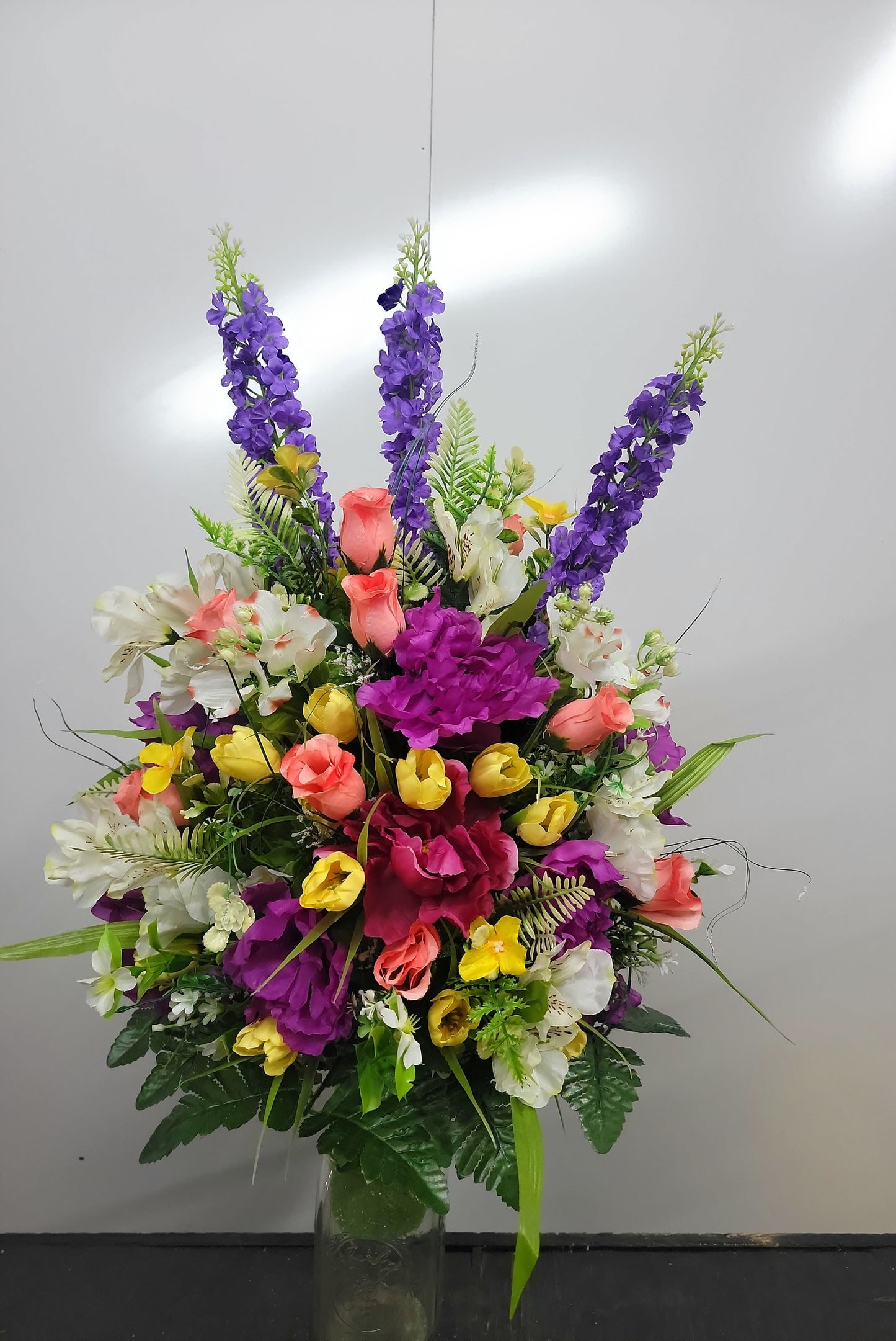 27" Tall wildflower spring Cemetery Vase Flowers yellow mini tulips dogwood asteria coral roses Cemetery vase flowers