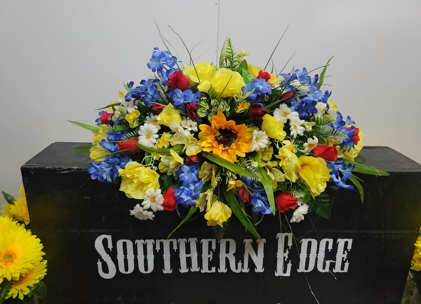 Gravestone Saddle Flowers Red tulips sunflowers blue lilac daisy 24" single stone cemetery saddle
