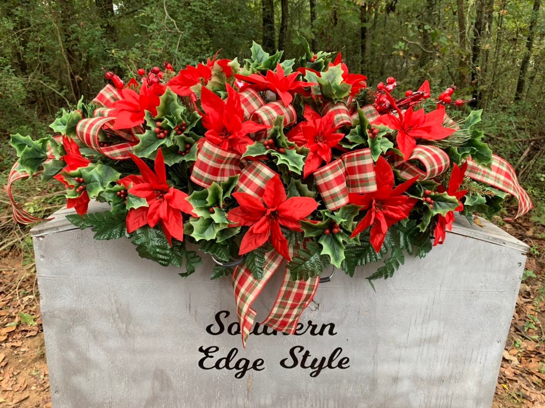 Large Christmas Saddle  (Plaid Ribbon) • Christmas Headstone Flowers •Winter Cemetery Flowers • Christmas Decoration Cemetery Poinsettia Red