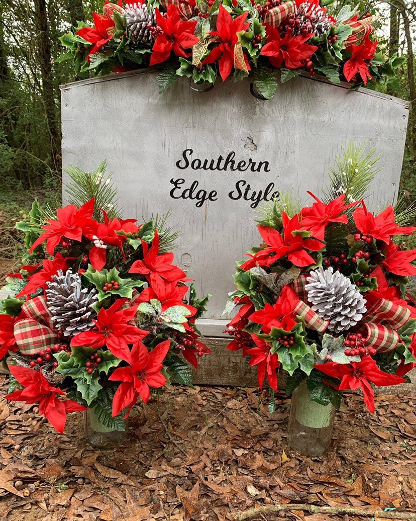 Christmas 3 Piece Set • Premium Headstone Decor Set •Large Saddle ( 36 inches long) with 2 Side Vase Arrangements • Christmas Flowers