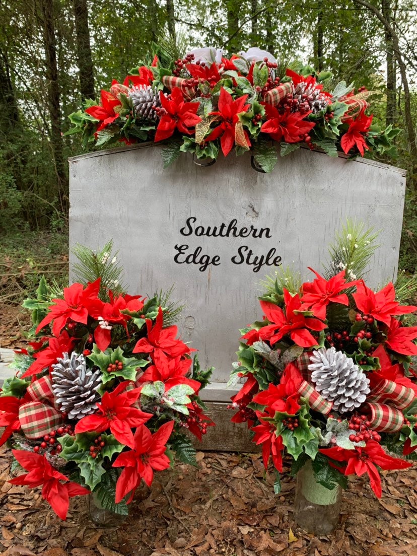 Christmas 3 Piece Set • Premium Headstone Decor Set •Large Saddle ( 36 inches long) with 2 Side Vase Arrangements • Christmas Flowers
