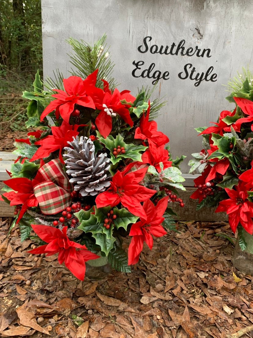 Christmas 3 Piece Set • Premium Headstone Decor Set •Large Saddle ( 36 inches long) with 2 Side Vase Arrangements • Christmas Flowers