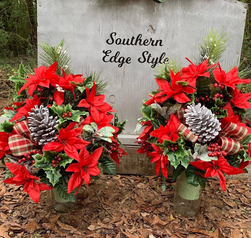 Christmas 3 Piece Set • Premium Headstone Decor Set •Large Saddle ( 36 inches long) with 2 Side Vase Arrangements • Christmas Flowers