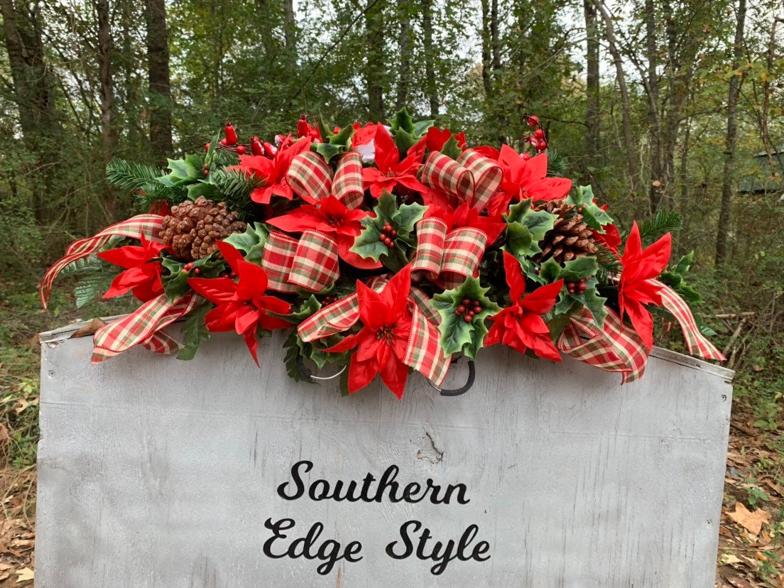 Large Christmas Saddle  (Plaid Ribbon) • Christmas Headstone Flowers •Winter Cemetery Flowers • Christmas Decoration Cemetery Poinsettia Red