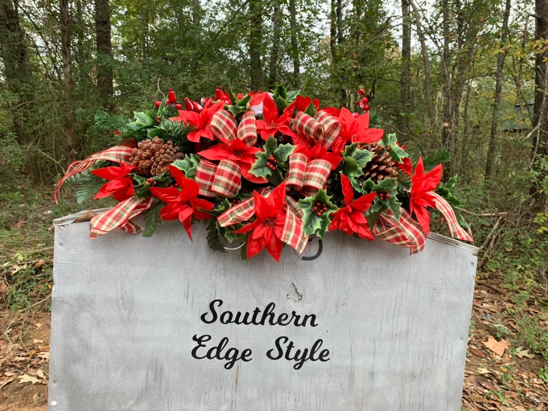 Large Christmas Saddle  (Plaid Ribbon) • Christmas Headstone Flowers •Winter Cemetery Flowers • Christmas Decoration Cemetery Poinsettia Red