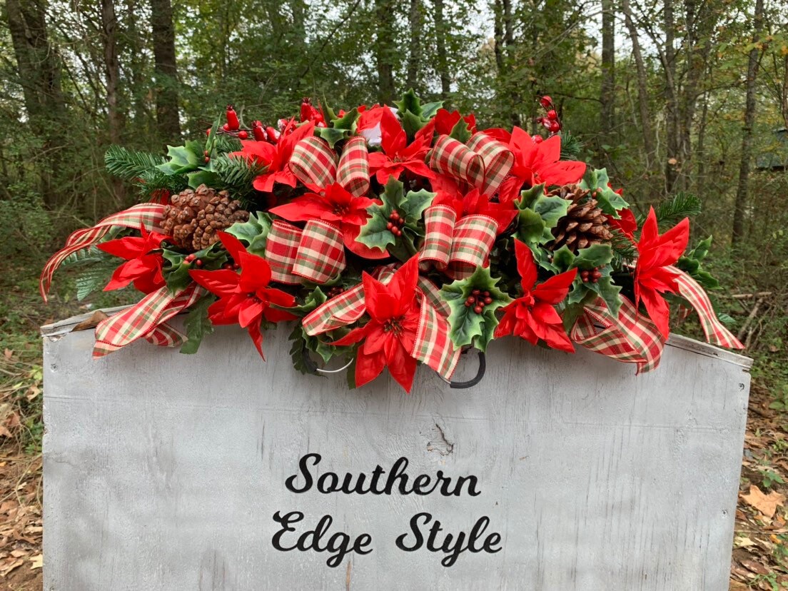 Large Christmas Saddle  (Plaid Ribbon) • Christmas Headstone Flowers •Winter Cemetery Flowers • Christmas Decoration Cemetery Poinsettia Red