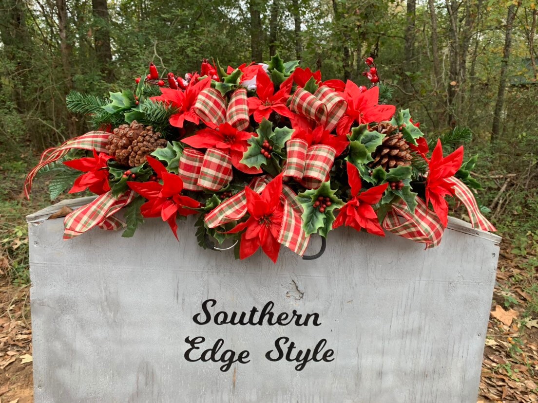 Large Christmas Saddle  (Plaid Ribbon) • Christmas Headstone Flowers •Winter Cemetery Flowers • Christmas Decoration Cemetery Poinsettia Red
