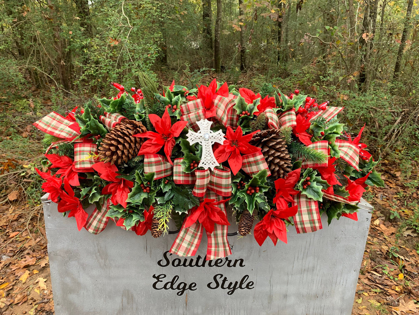 Extra Full and Extra large Christmas Saddle  • Extra Full Christmas Headstone Flowers CROSS Plaid Ribbon Poinsettia Christmas Ribbon Christ