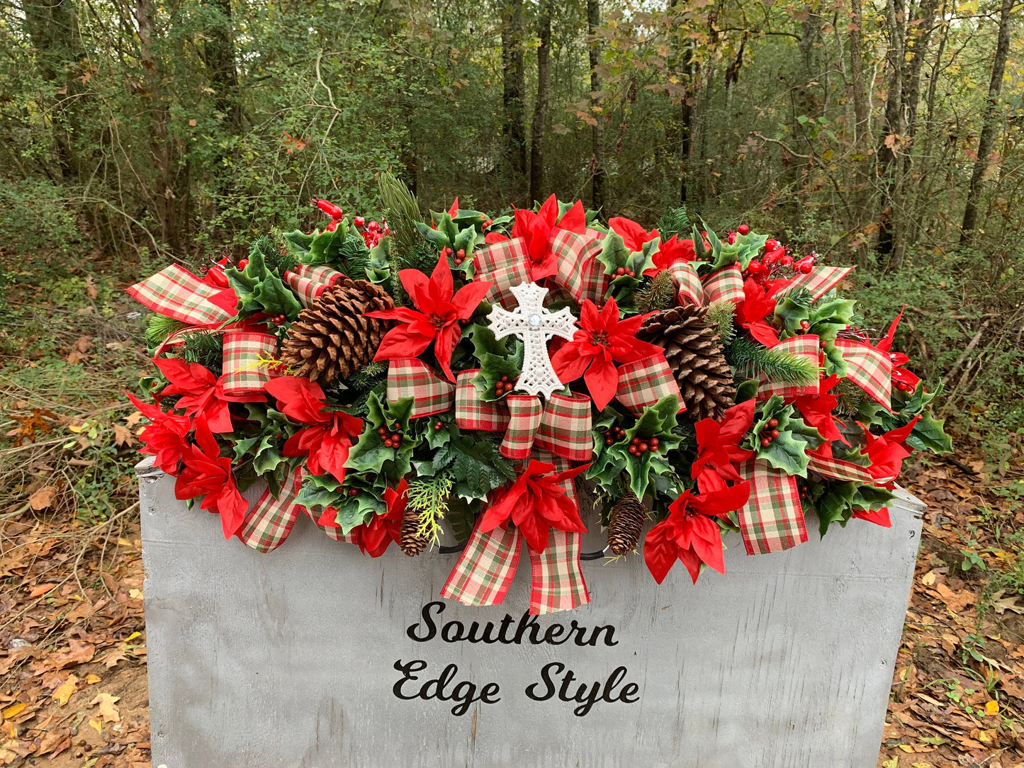 Extra Full and Extra large Christmas Saddle  • Extra Full Christmas Headstone Flowers CROSS Plaid Ribbon Poinsettia Christmas Ribbon Christ