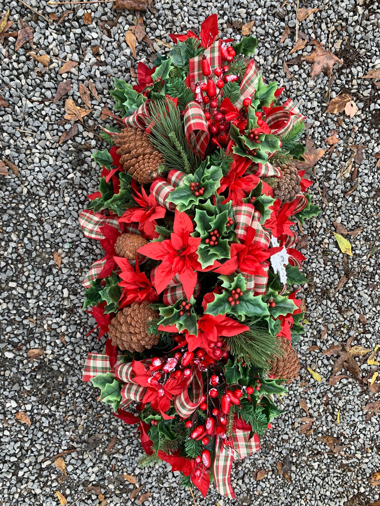 Extra Full and Extra large Christmas Saddle  • Extra Full Christmas Headstone Flowers CROSS Plaid Ribbon Poinsettia Christmas Ribbon Christ