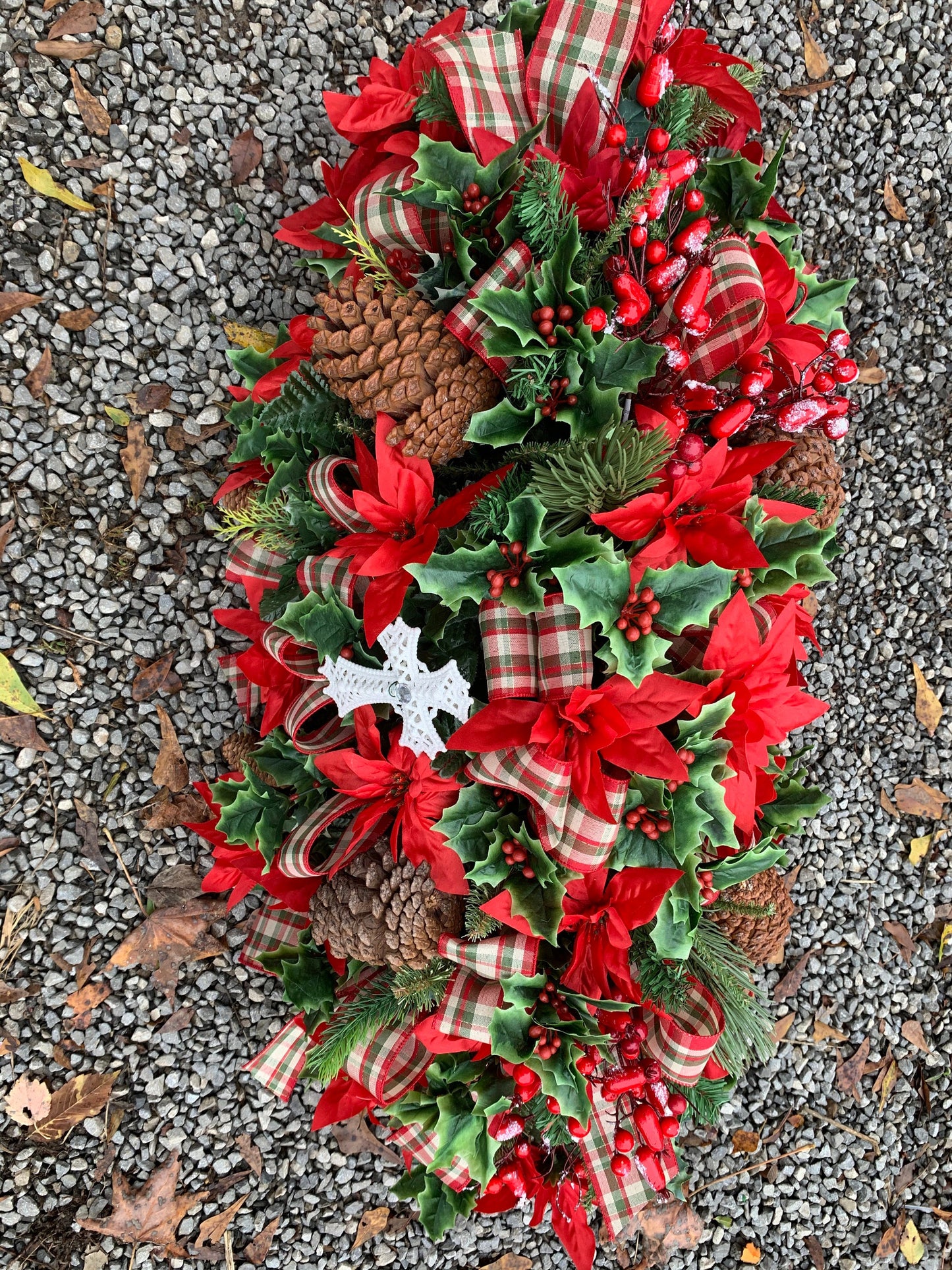 Extra Full and Extra large Christmas Saddle  • Extra Full Christmas Headstone Flowers CROSS Plaid Ribbon Poinsettia Christmas Ribbon Christ