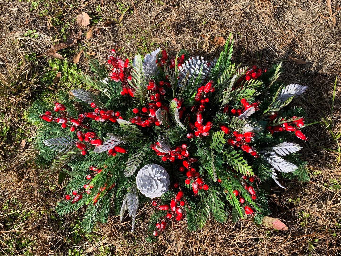 Winter Grave Blanket • Christmas Grave Blanket • Winter Greenery Cemetery Decoration • Gravesite Flowers Grave Decoration Berries Evergreen