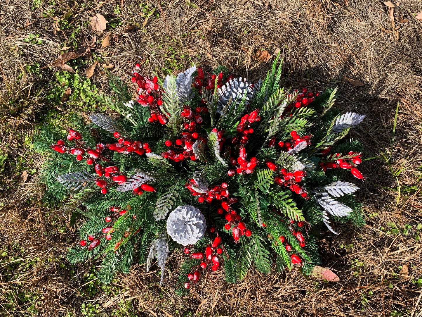 Winter Grave Blanket • Christmas Grave Blanket • Winter Greenery Cemetery Decoration • Gravesite Flowers Grave Decoration Berries Evergreen