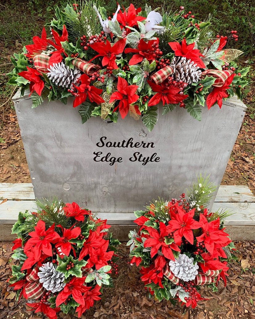 Christmas 3 Piece Set • Premium Headstone Decor Set •Large Saddle ( 36 inches long) with 2 Side Vase Arrangements • Christmas Flowers